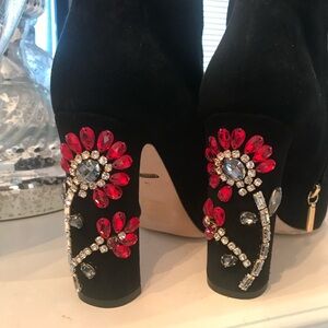 Chic Black Suede Heeled Boots with Red Floral Accents
